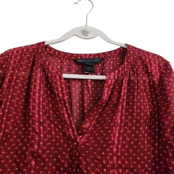Marc By Marc Jacobs Blouse 4 Red Minetta Print Silk Top Merlot Multi Semi Sheer - Picture 5 of 11